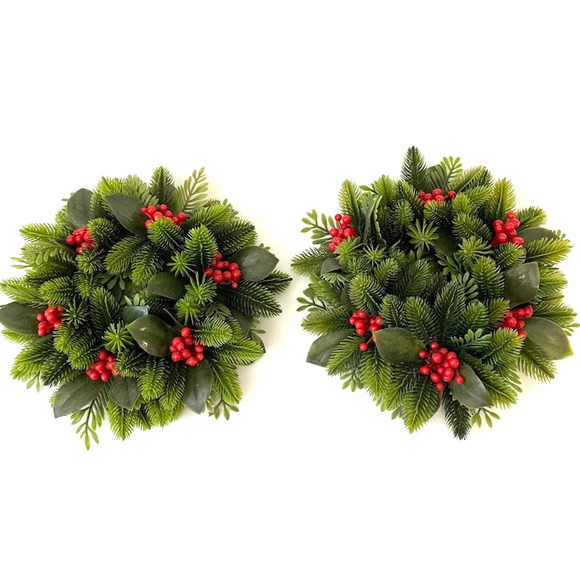 Vintage Christmas Plastic Greenery Red Berry Candle Ring Holders Wreaths Set - Picture 1 of 6
